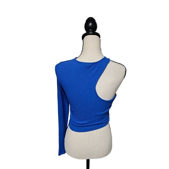 BAR III Women's Deep Electric Blue OneShoulder Long-Sleeve Cutout Crop Top Med - Picture 2 of 7